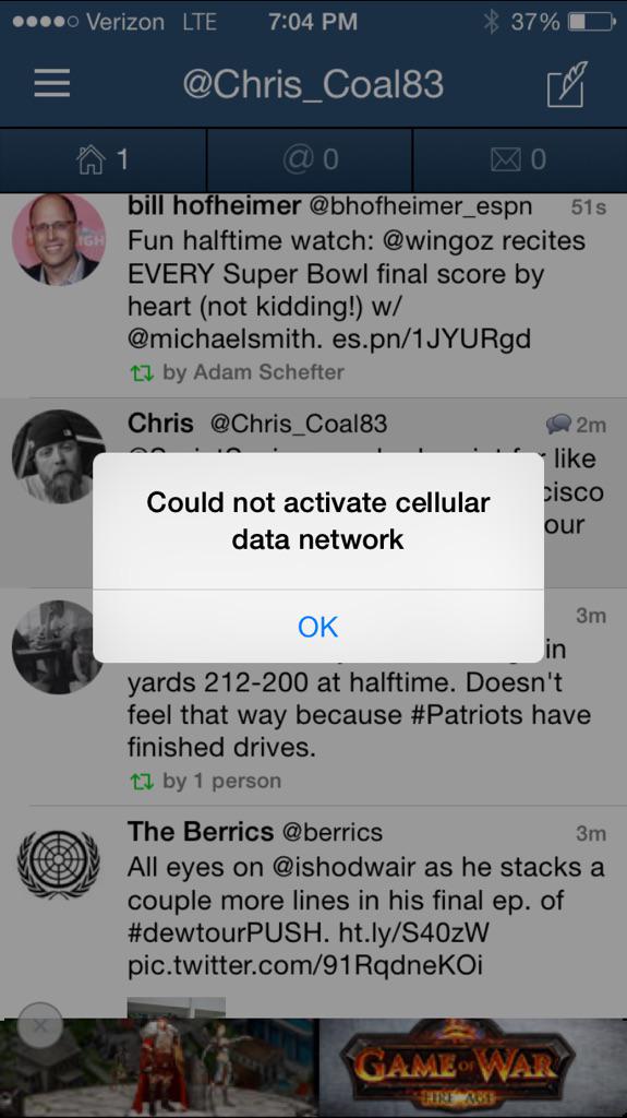 Chris_Coal83's tweet photo. @Verizon I'm going to tweet photos of lost connection all night not a good look that's for sure. #wheresmyservice http://t.co/gIdWTEv9Cf