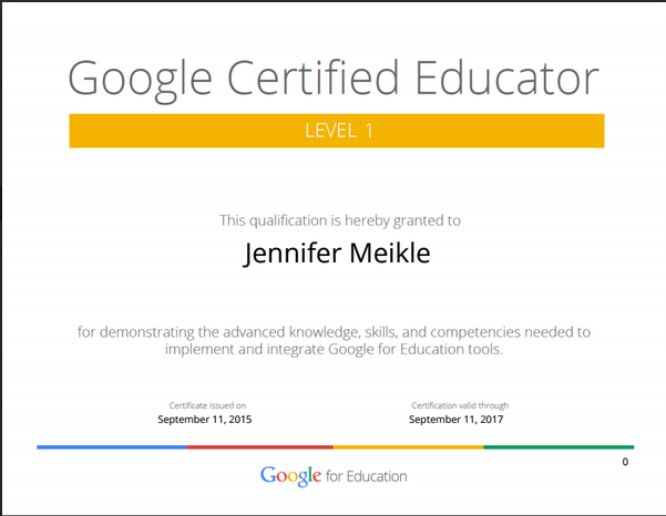 First of many Google Certifications, hopefully!  #certifiededucator @jamielewsadder @milleremily