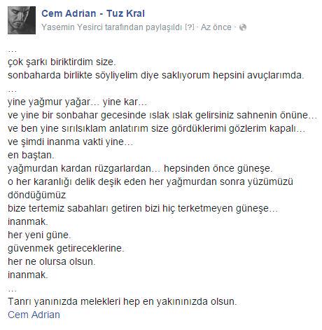Bu pazar akşamı gelelim sahnenin önüne ıslak ıslak..
Anlat bize gördüklerini gözlerin kapalı...  <a href="/cemadrian/">cem adrian 💎</a>