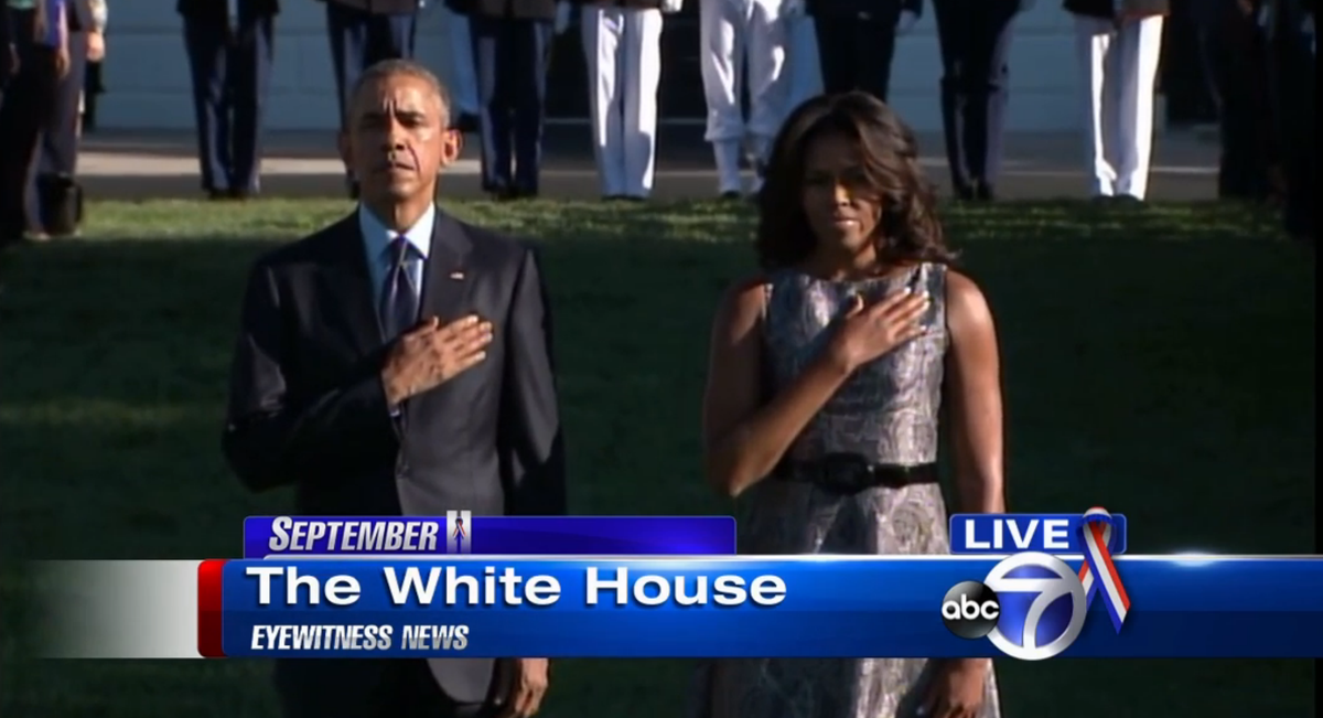 GMA's tweet photo. President @BarackObama and First Lady @MichelleObama pause for a moment of silence this morning. #NeverForget911 http://t.co/57jar4pFUX