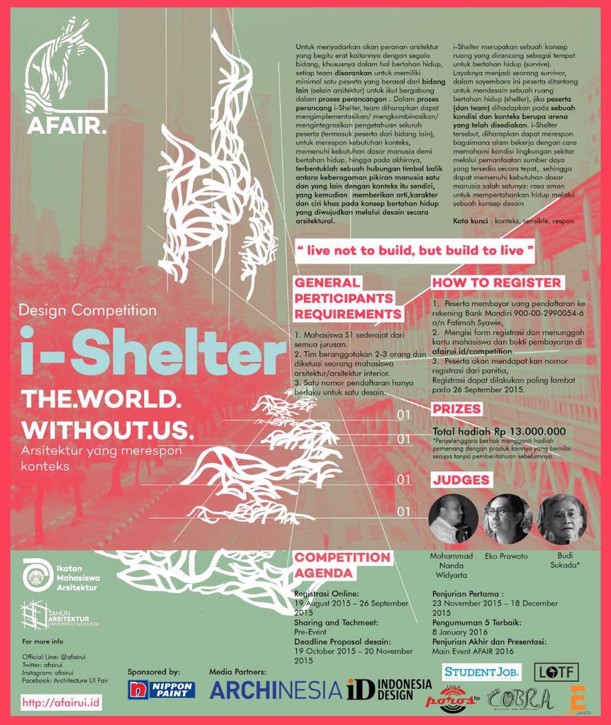 AFAIRUI's tweet photo. @ILUNIArsUI @HIMAARTRA @ima_sriwijaya @KonteksOnline @UPHarchitecture [DESIGN COMPETITION i-Shelter] afairui.id http://t.co/VRF3xf4MlE