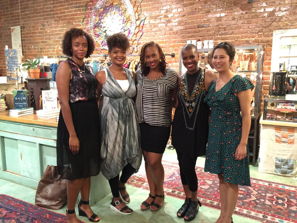 Dolen's tweet image. Lovely book event with the talented @thenaomijackson @angelaflournoy and @kvquade at @squashblossomb in Decatur, GA.