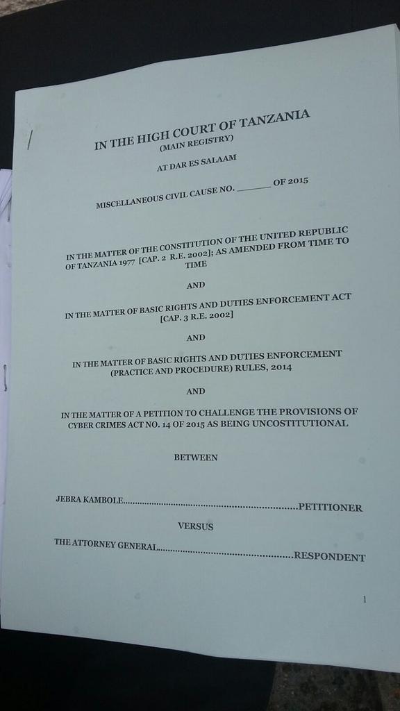 JamiiForums's tweet photo. Tanzania: Activists &amp; Lawyers have filed this petition over the New #CybercrimesLaw for being Unconstitutional http://t.co/PaCKt8vb2I