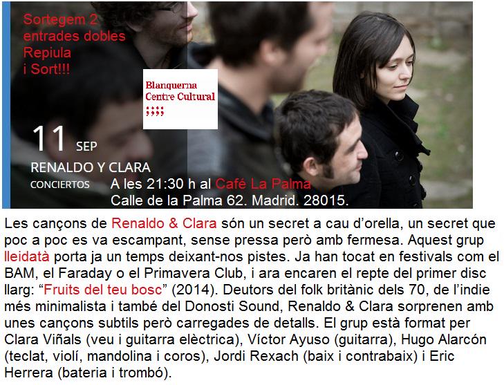 CCLBlanquerna's tweet photo. Encara pots participar! #repiula i guanya una entrada doble! 
@renaldoiclara @bankrobberbcn @cafelapalma http://t.co/esM7uddlpu