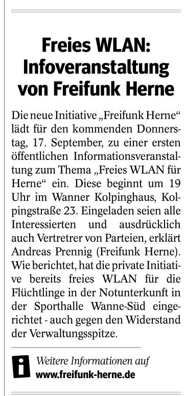 Erste Ankündigung im Print der #WAZ #Herne für die Infoveranstaltung #Freifunk am 17.09 im Kolpinghaus ;-)