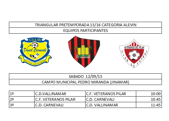 Vallinamar's tweet photo. TRIANGULAR PRETEMPORADA ALEVIN
SABADO 12/9/15 PEDRO MIRANDA
C.D.VALLINAMAR.
C.D.CARNEVALI.
C.F.VETERANOS DEL PILAR http://t.co/O7lOWEyG4P