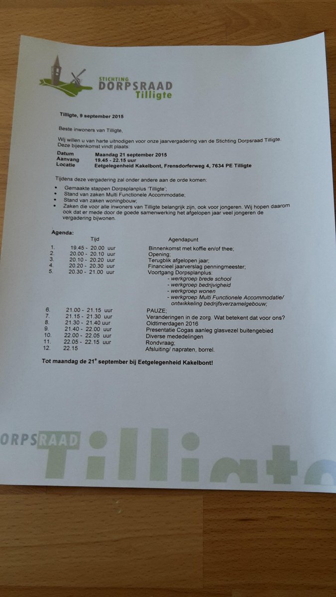 Maandag 21 september a.s. jaarvergadering stichting dorpsraad #tilligte 19:45 bij eetgelegenheid kakelbond.