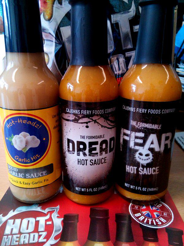 ChilliFiends's tweet image. New fuel via @HotheadzSauces some Garlic Hit and a couple of @CaJohnFieryFood's new sauces:
