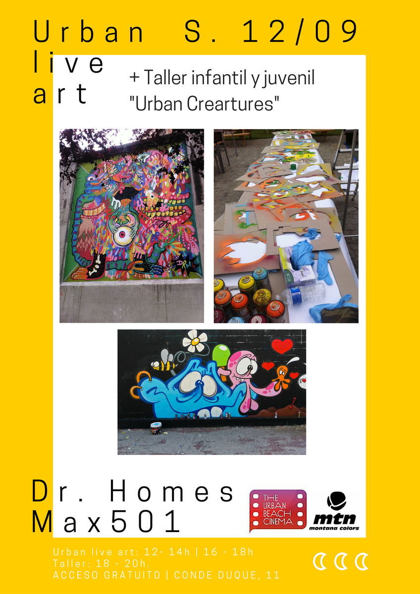 Mañana Dr. Homes y Max 501 en la jornada de arte urbano en @CondeDuqueMAD. Para peques, talleres gratis con sprays!