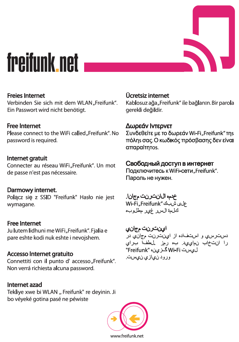 Wenn Ihr #Freifunk /freies WLAN gebt, informiert Eure Umgebung darüber. Mehrsprachig! #refugeeswelcome #fluechtlinge