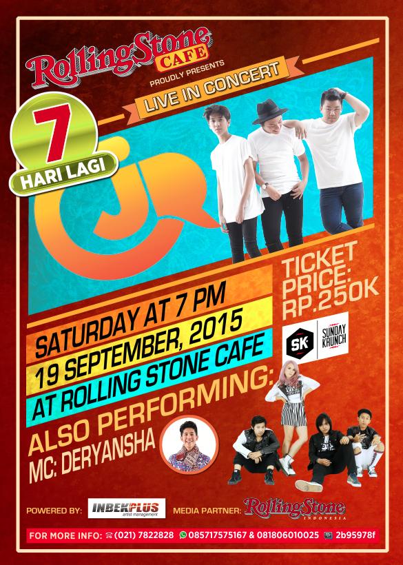 Sabtu depan, <a href="/CJRisCJR/">CJR</a> konser di @RSCafeINA, Jl. Ampera Raya No.16, Jaksel. Tiket Rp 250 Ribu, hub: (021) 7822828.