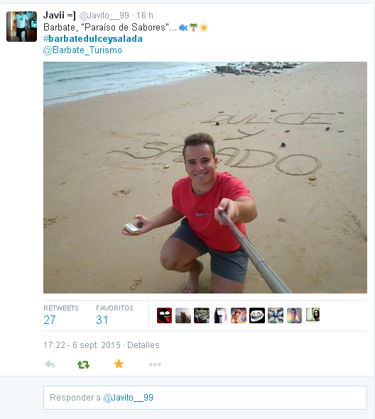 Barbate_Turismo's tweet photo. El ganador del concurso de selfie #barbatedulceysalada es @Javito__99 Enhorbuena!!! http://t.co/z4KynPylfn
