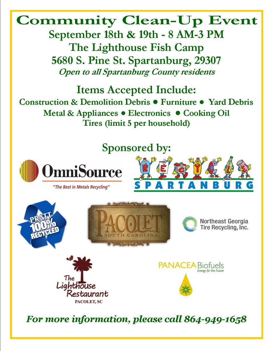 Comm Clean-Up at Lighthouse in Pacolet 9/18-19 8 AM-3 PM; metal/ewaste/tires(limit 5)/C&amp;D/furniture; no trash/liquid