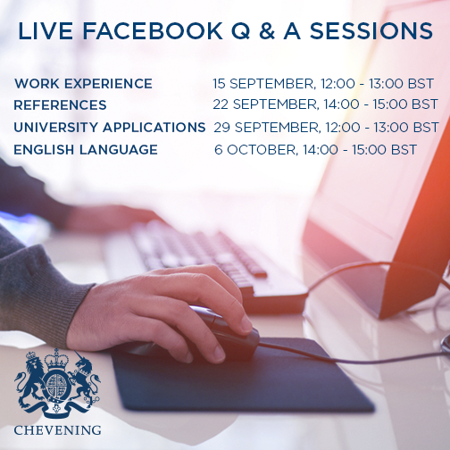 CheveningFCDO's tweet photo. Starting next week, we will be holding Facebook Q &amp; A sessions about Chevening applications. Make sure you tune in! http://t.co/o24vSpZMYI