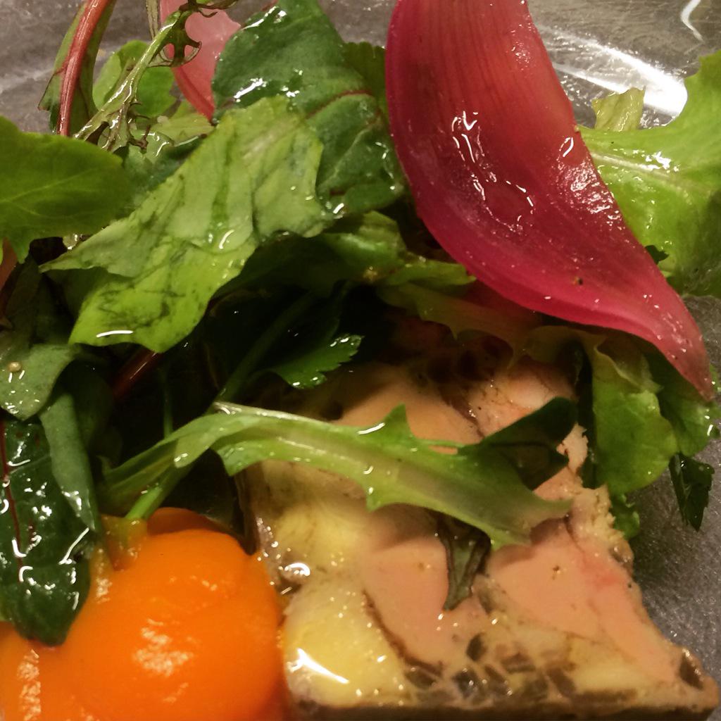 Kycklingleverterrine med morotskräm, örtsallad samt picklad lök