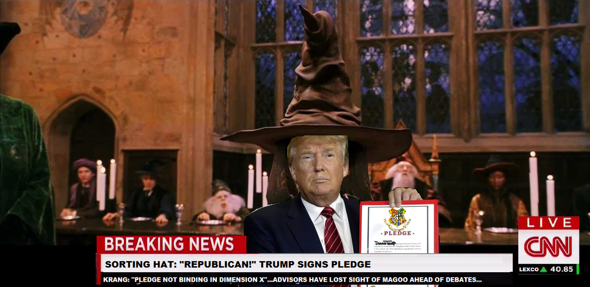 TrumpUniverse's tweet photo. BREAKING: @realDonaldTrump signs pledge after being sorted Republican during ceremony at @HogwartsTM #Trump2016 http://t.co/FbCTrvKc8P