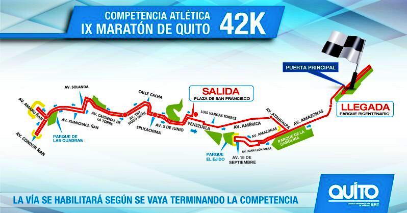 RESTRICCIÓN DE VÍAS (norte, centro y sur) para este Domingo 13 por #MARATÓNDEQUITO 42k
¡Pasa la voz!