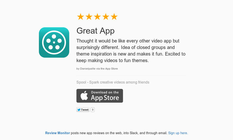 TheSpoolApp's tweet image. 5 Star Review &quot;Great App: Thought it would be like every other video app but surprisingly d…&quot; launchkit.io/reviews/LuUtBO…