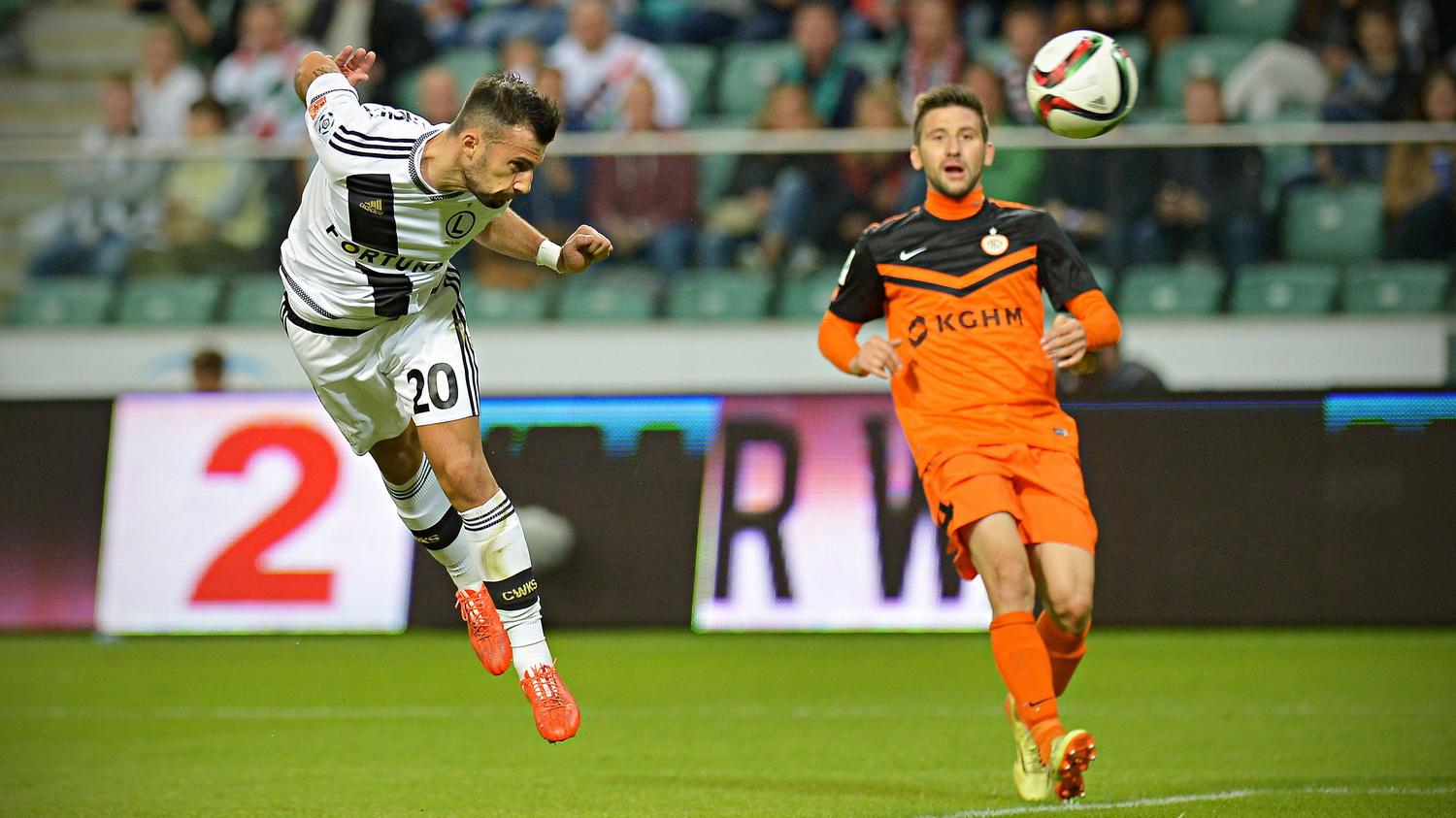 Ivan scored on this header in front of Todorovski; photo: Legia