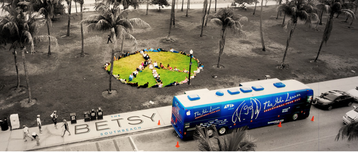 DPBUSER's tweet photo. @lennonbus, @yokoono, @NewYork now, SOBE in October. Join kids from @MDCPS at @TheBetsyHotel to make music (not war) http://t.co/kdQz8PYqu9