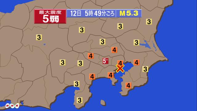 tweet : 関東地方でM5.3の地震。震源は東京湾。余震に注意 ...