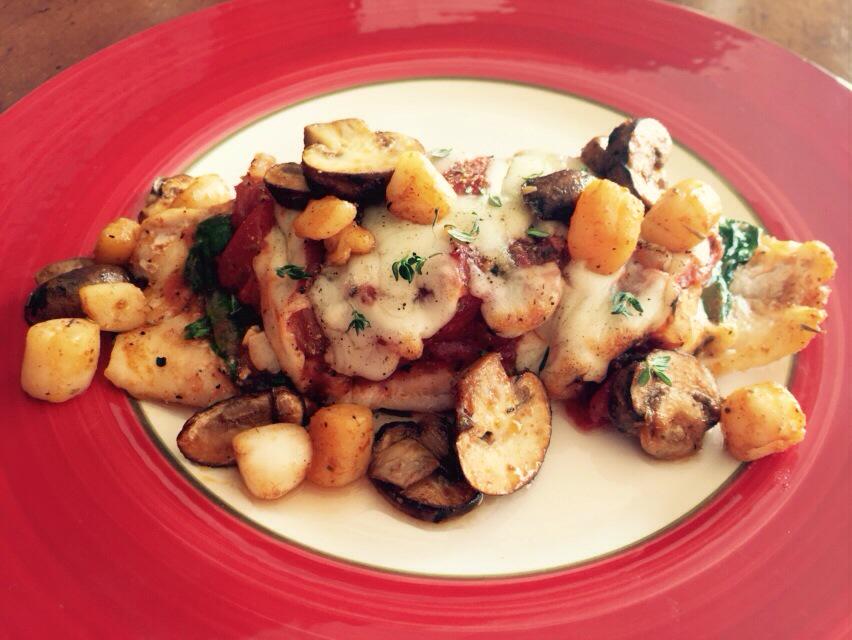 Athenian Grouper baked with spinach, Fire Roasted Chunky Tomato Sauce &amp; Mozz. cheese topped w/mushrooms &amp; scallops