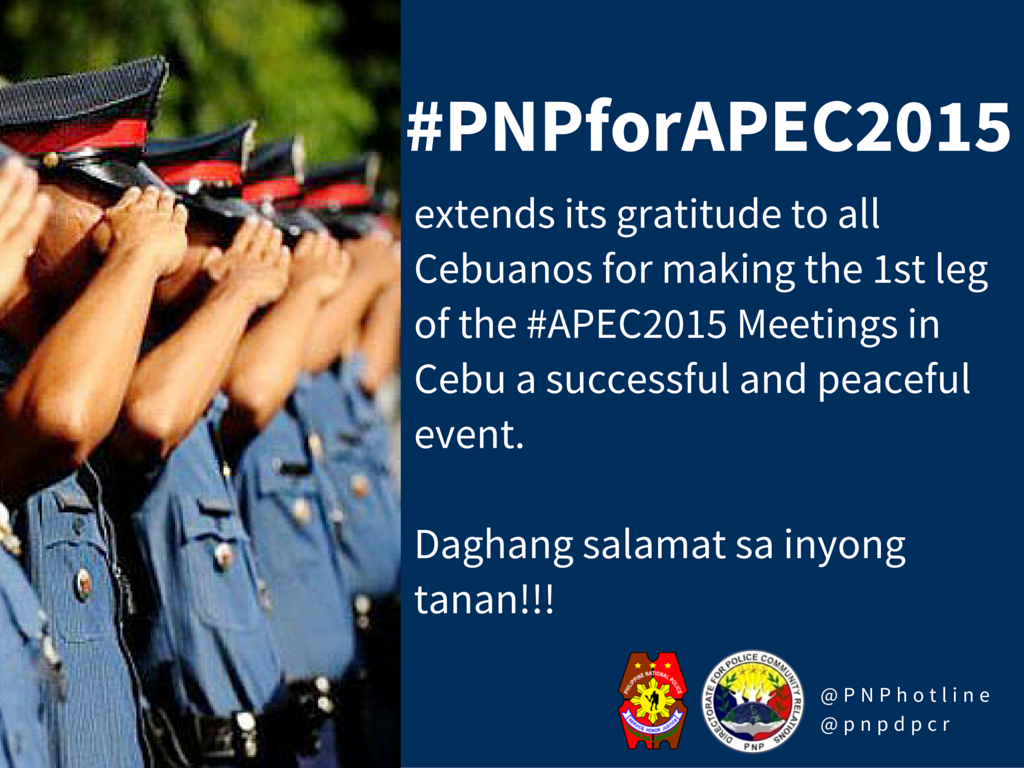 Daghang salamat sa inyong tanan! #PNPforAPEC2015 #APEC2015 <a href="/pnppio/">Philippine National Police</a> <a href="/TADPCRFRANCO/">Wilfredo Franco</a> <a href="/PNP_TCDS/">Danilo Constantino</a> @PNP_OTDCA @CebuInfocen