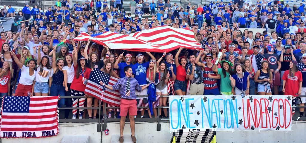 The <a href="/kapauncrusaders/">Kapaun Mt. Carmel</a> student section is flat out awesome tonight. God Bless America. 
#NeverForget #CatchItKansas