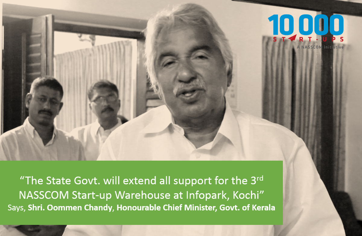 nasscomstartups's tweet photo. .@Oommen_Chandy sends his best wishes. This is indeed a milestone for us as Kerala joins the @10KWarehouse league. http://t.co/ofYTZBUIwY