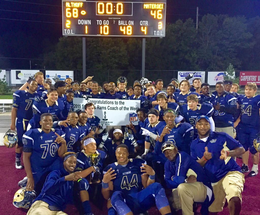 Los Angeles Rams (@ramsnfl) on Twitter photo The scoreboard was on fire in tonight's <a href="/shadowmansports/">Shadowman Sports</a> #RamsGOTW! Congrats to Coach Turner and <a href="/AlthoffCatholic/">Althoff Catholic</a>! The scoreboard was on fire in tonight's <a href="/shadowmansports/">Shadowman Sports</a> #RamsGOTW! Congrats to Coach Turner and <a href="/AlthoffCatholic/">Althoff Catholic</a>!
