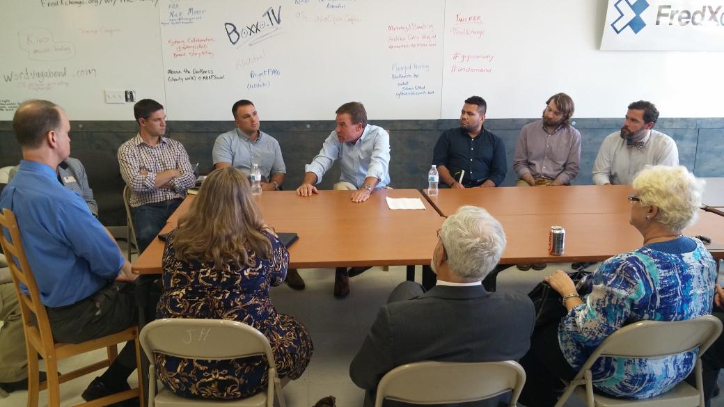 MaxALupton's tweet photo. @FredXchange hosted @MarkWarner in The Foundry co-working space today to talk entrepreneurs and the #gigeconomy http://t.co/4Bc2SoYqGo