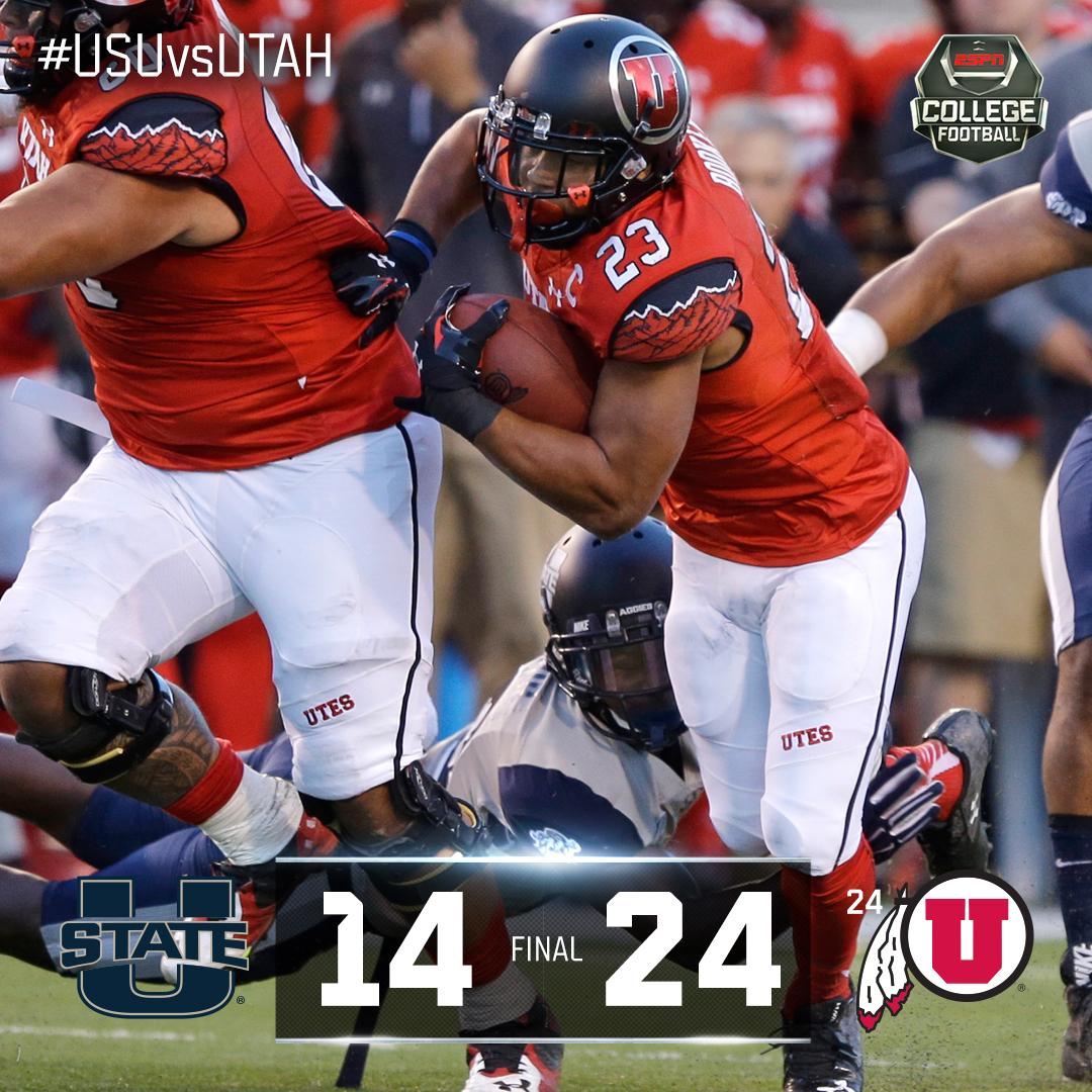 ESPNCFB's tweet photo. #24 Utah defeats Utah State 24-14. 
UTAH RB Devontae Booker 31 carries, 120 yards, 1 TD #USUvsUTAH http://t.co/pDzg8siwuY