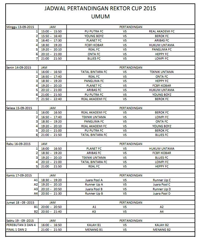 Jadwal Pertandingan Turnamen Futsal Rektor Cup 2015 12 - 19 September 2015 <a href="/InfoPBUN/">Info Pangkalan Bun</a> <a href="/PangkalanBun310/">PangkalanBun31059</a>