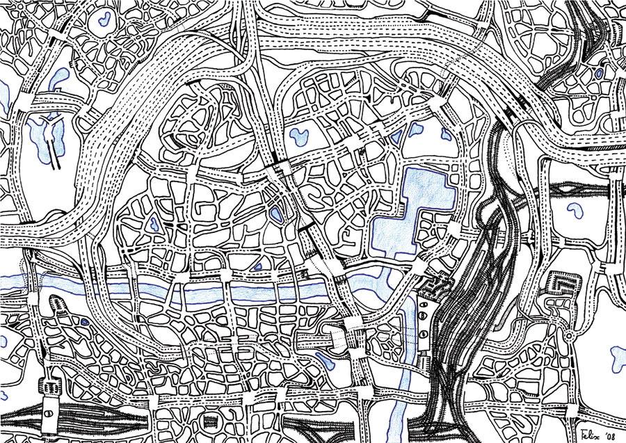 Map of an imaginary city: Felix, 11-year-old autistic artist. 50watts.com/Drawing-Autism