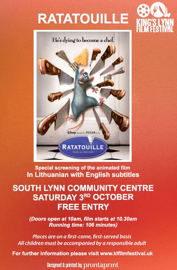 @LoveKingsLynn Free screening of Ratatouille in Lithuanian with English subtitles. #KingsLynnFilmFest October 3