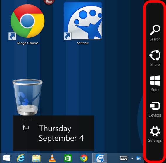KEY BOARD SHORT CUTS: The Windows button on your key board + C opens the charms bar (Windows(8/8.1))