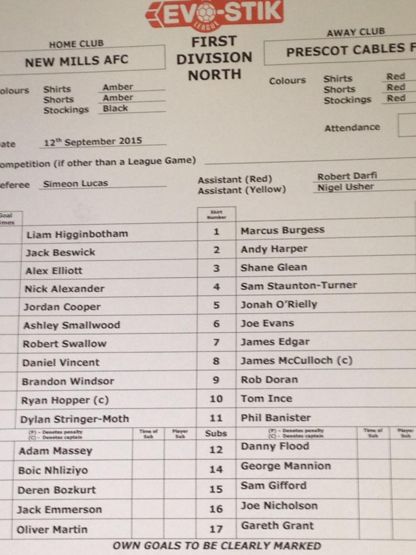 NewMillsFC's tweet photo. Millers v Prescot Cables teamsheet http://t.co/r9t57LeSOs