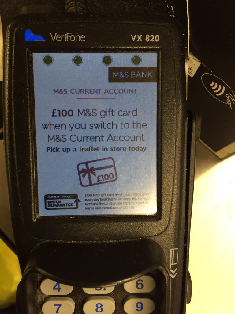 _mike_chambers_'s tweet photo. Great to see #currentaccountswitch logo on a @marksandspencer POS terminal #bacs http://t.co/8a4BkFMGu7