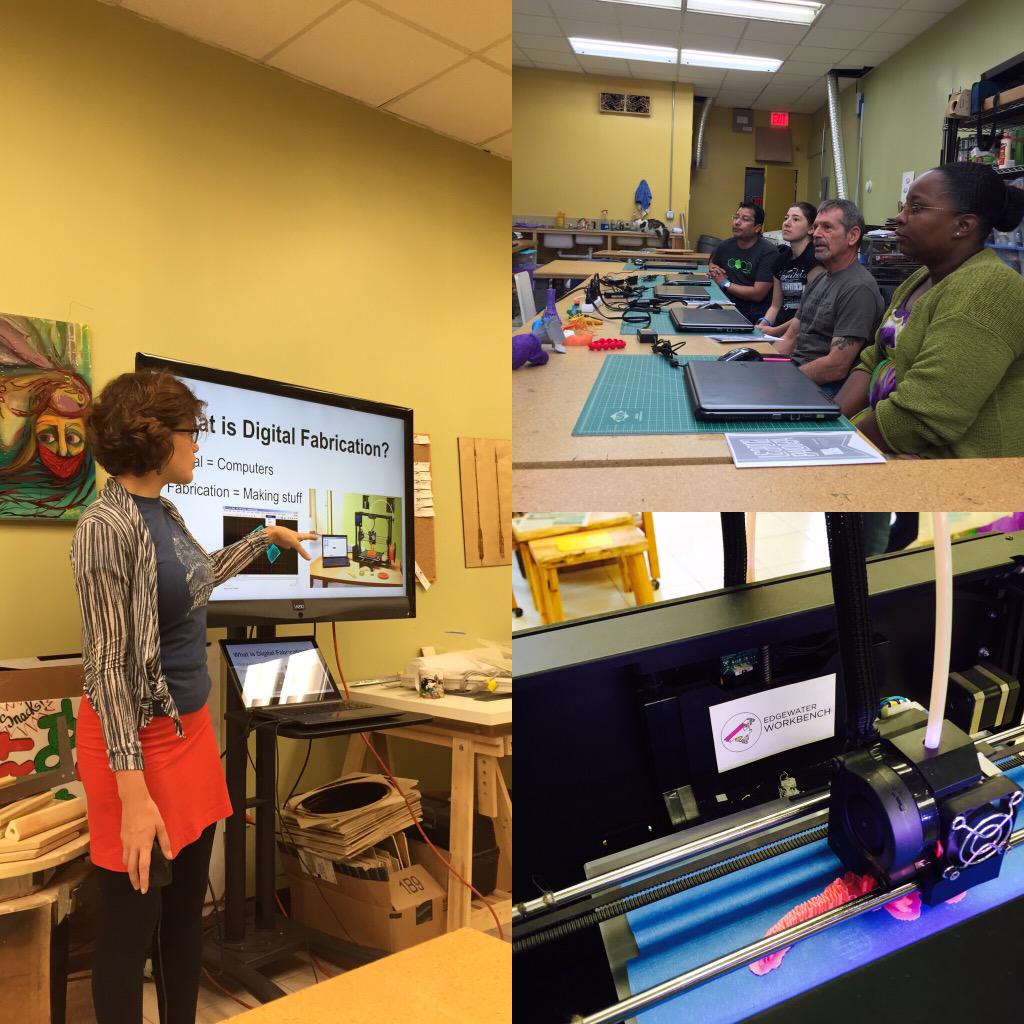 Learnapalooza's tweet photo. Intro to 3D printing class brought to you by @edgeworkbench #3dprinting #learnsomething http://t.co/pSLiBXXq2W