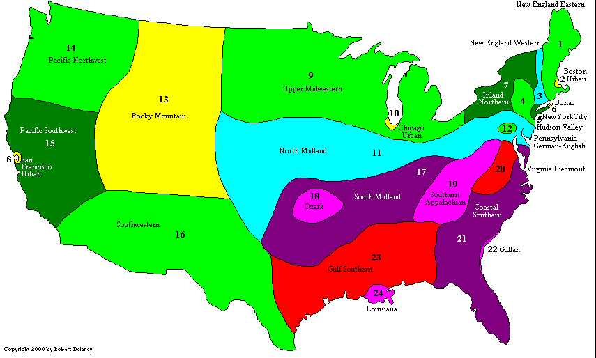 MichiganTests's tweet photo. American dialects map according to linguist Robert Delaney: http://t.co/TrsJOw6PB0 http://t.co/0rBw7QPYLp