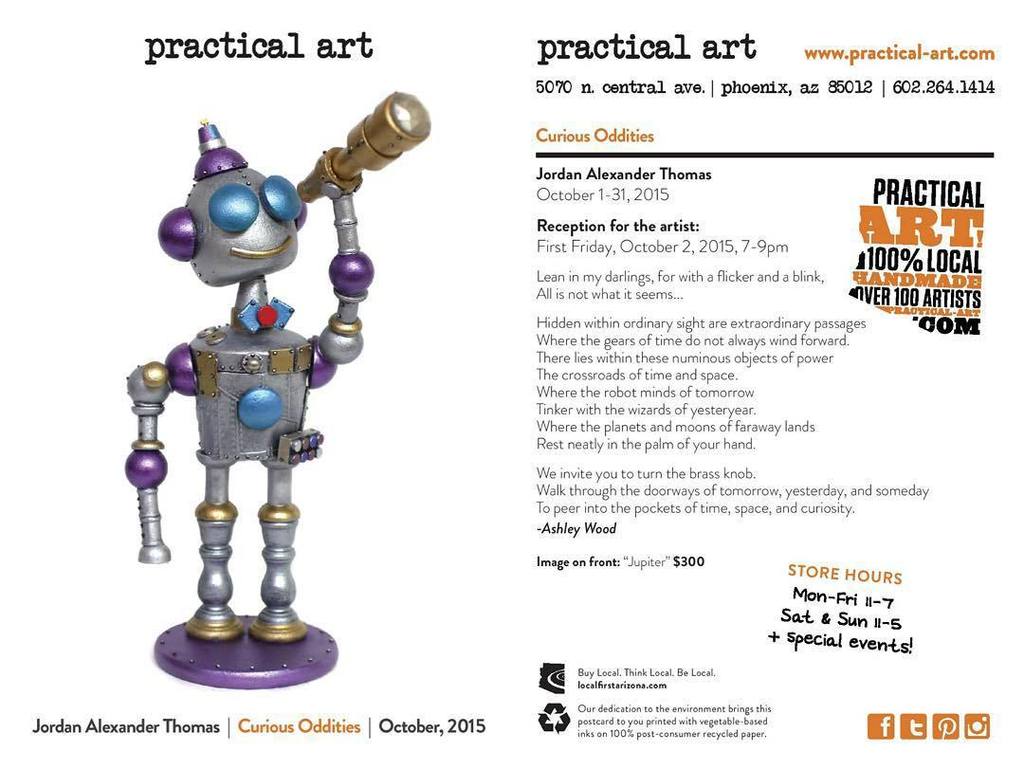 Otherbots's tweet image. Curious Oddities
At @practicalart

Artist Reception: First Friday Oct. 2nd 7-9pm

#spaceboyrobot #curiousrobodditie…