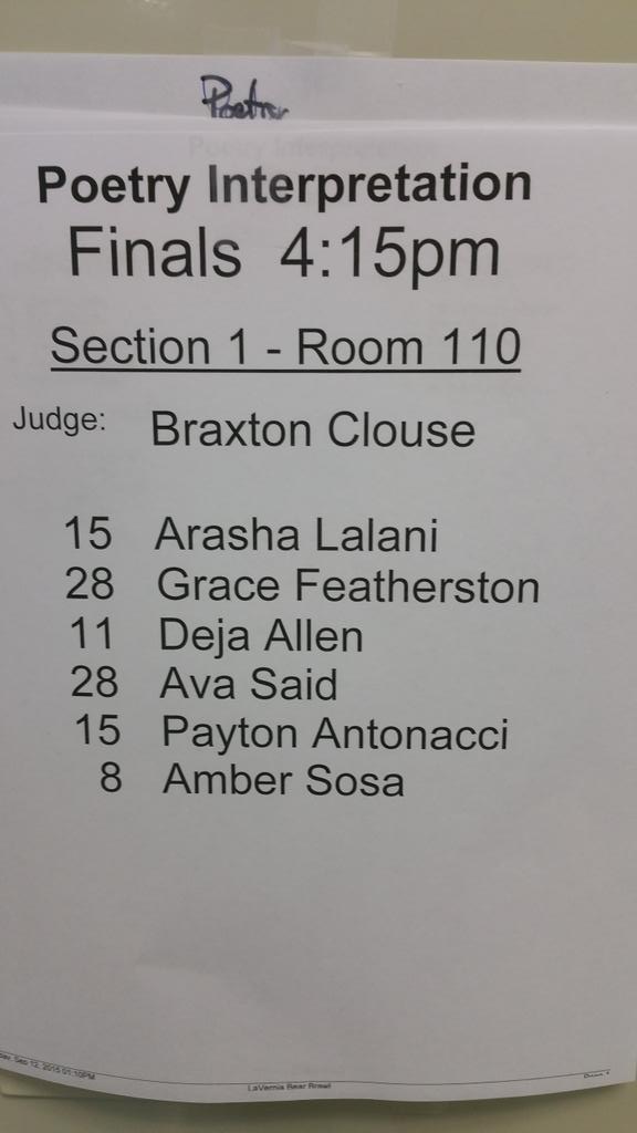 wcinterp's tweet photo. La Vernia Tournament Poetry Finals! Congrats Grace and Ava! #WCInterp @ilovemychargers http://t.co/ekMQ3p3hGR