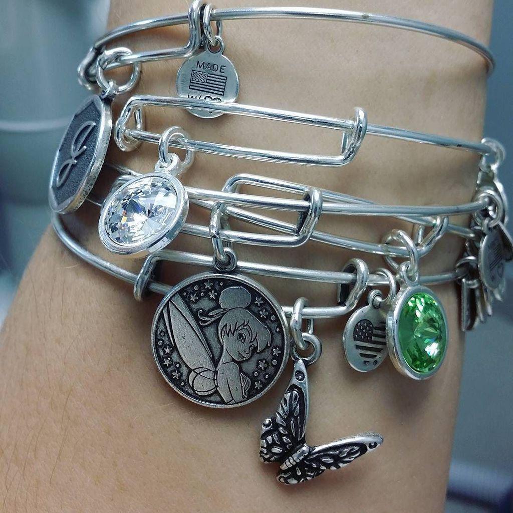 Bellelove82's tweet image. My Alex and Ani collection ! #tinkerbell #myinitial #butterfly #aprilbirthstone #augustbirthstone