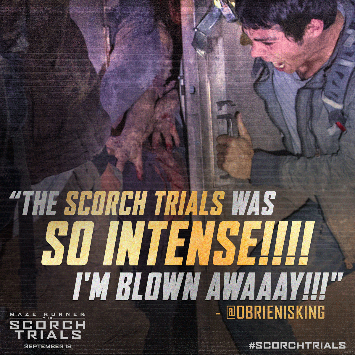 MazeRunnerMovie's tweet photo. The #ScorchTrials cranks up the intensity. RT if you’re #ReadyForScorch. http://t.co/JjWXiRtbLC