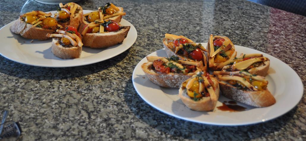 GregbChef's tweet image. Beer braised local cherry tomato bruschetta with smoked gouda. Worked out nicely