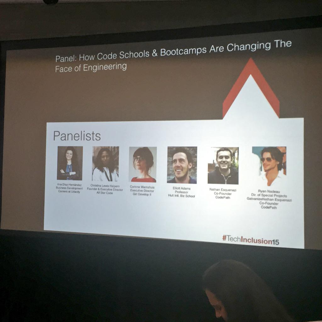 galvanize's tweet image. Panel w/ @codepath @udacity @girldevelopit @Hult_Biz @AllStarCode about boot camps changing tech #techinclusion15