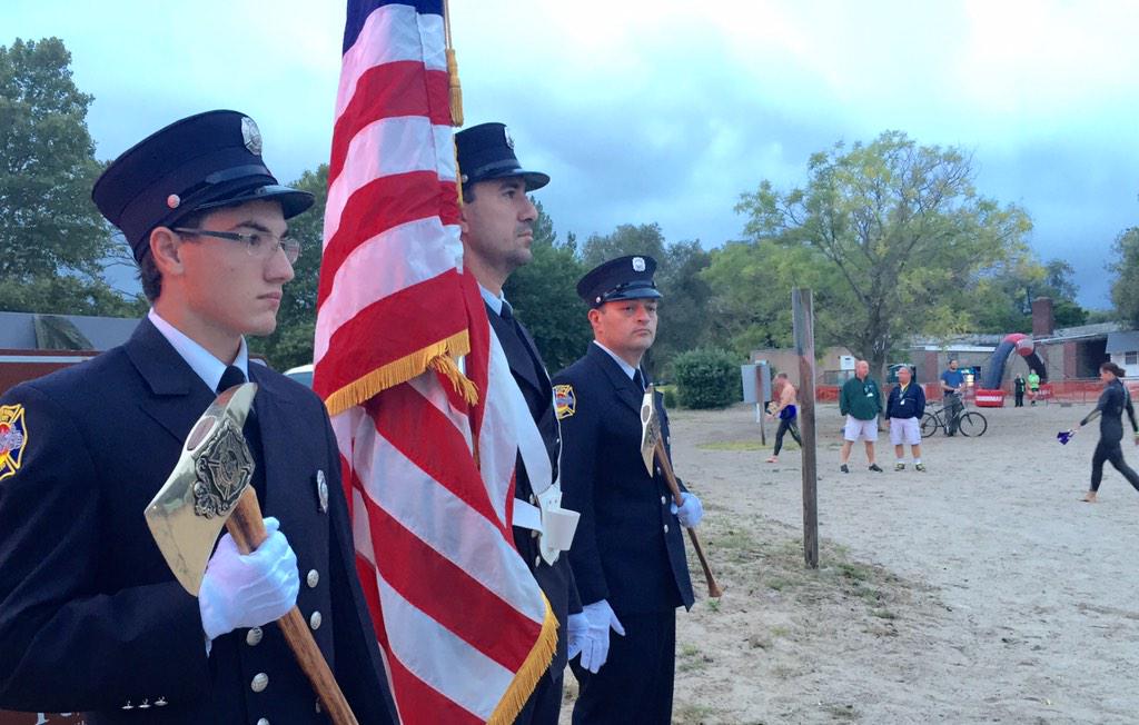Members of the Briarcliff Volunteer Fire Department present colors prior to Toughman Triathlon's start.