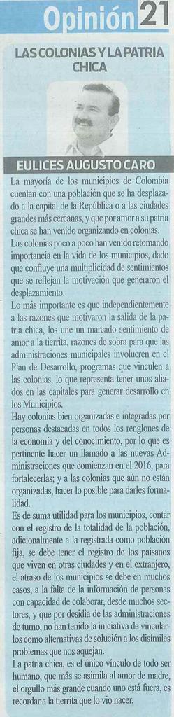 Articulo publicado en el periódico EXTRA-BOYACÁ el Viernes 11 de Septiembre de 2015.