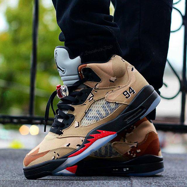 On-Feet Photos Of The Supreme x Air Jordan 5 “Camo” — Sneaker Shouts