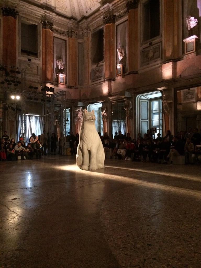 INFAS_FN's tweet image. 【ミラノコレ取材】注目の若手「アーサー アルベッセ」がミラノでは初となるショーを開催。会場にはプリントにも登場した猫の巨大なオブジェ。#MFW #MFW15 #arthurarbesser